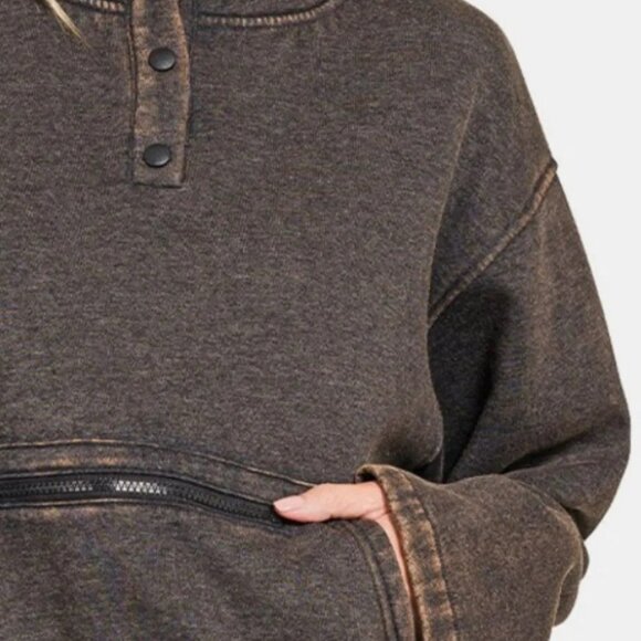 Zenana Acid Wash Fleece Half Snap Sweatshirt with Pocket - Picture 3 of 3